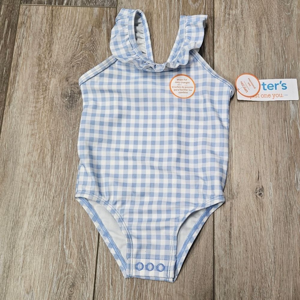 Carter's One Piece Swimsuit Blue Gingham Plaid Ruffle Bow Infant Girl 12 Month